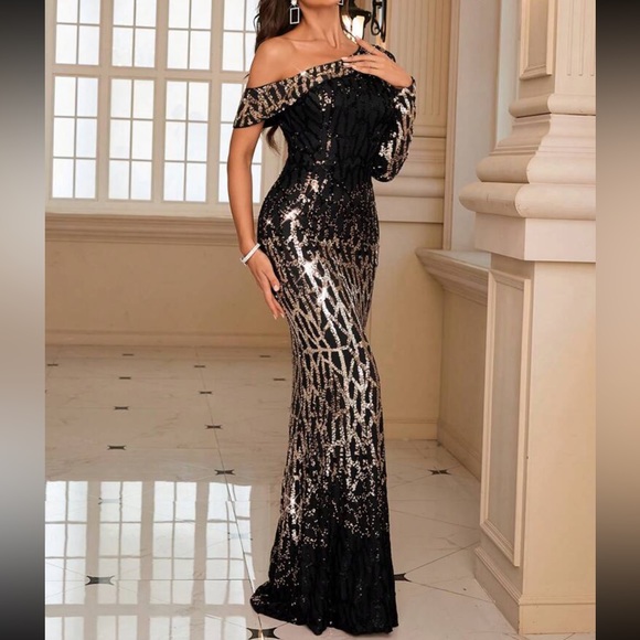 Luxe asymmetrical neck mermaid hem party glitter sequins dress - Picture 6 of 7